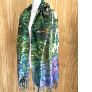 Scarf wool Viscose blend Monet painting reversible water lily art to wear women